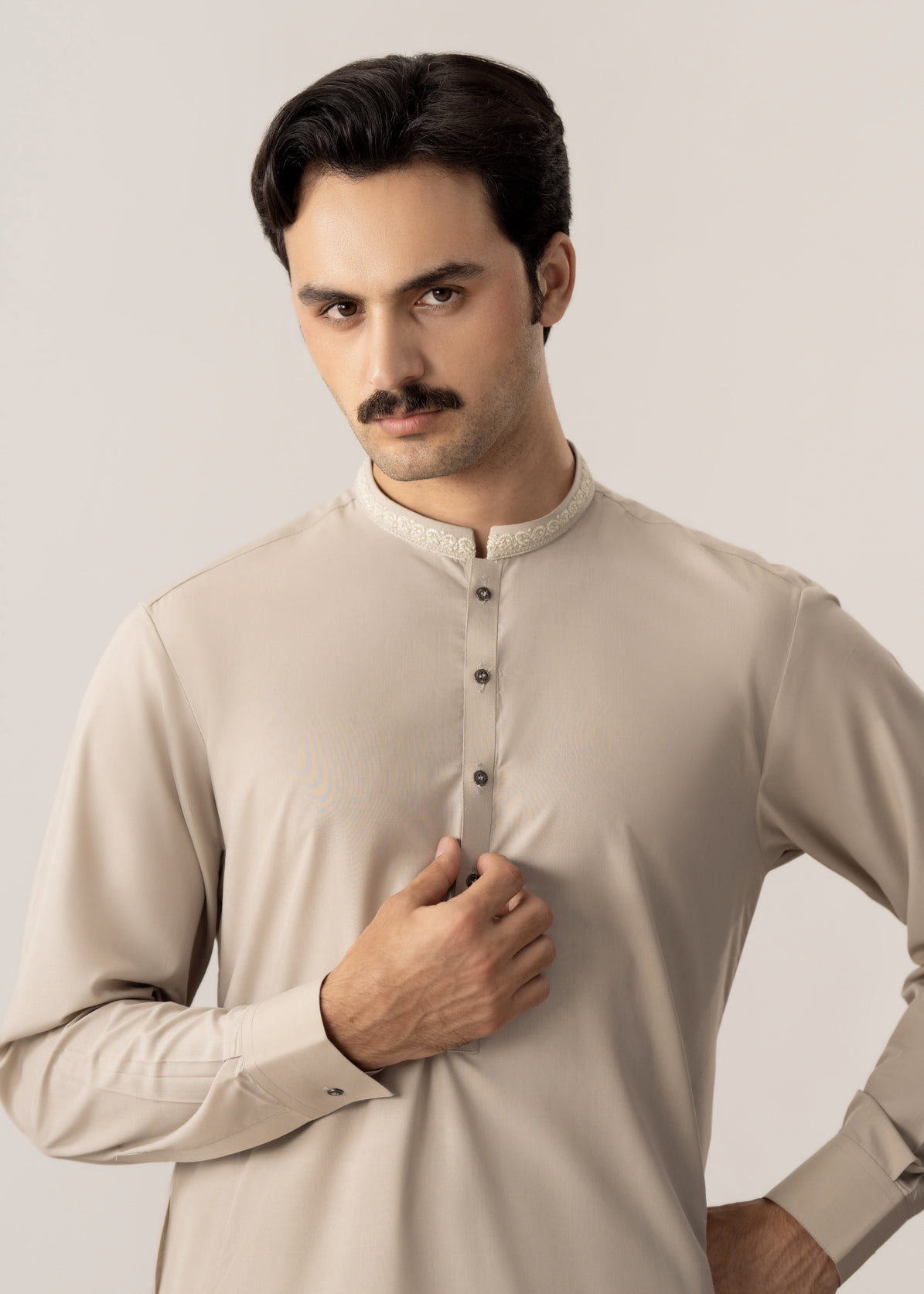 Formal Ash Beige Kurta Shalwar - Collar Neck Embroidered - Men