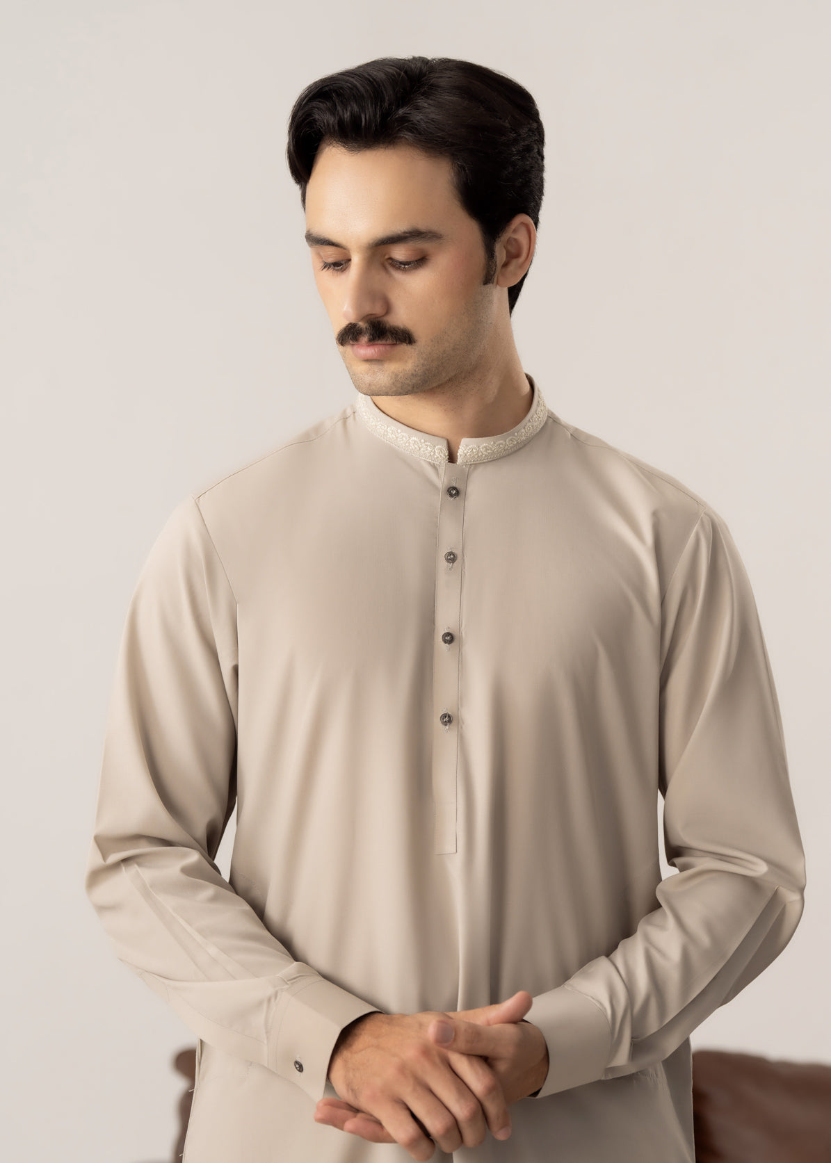 Formal Ash Beige Kurta Shalwar - Collar Neck Embroidered - Men