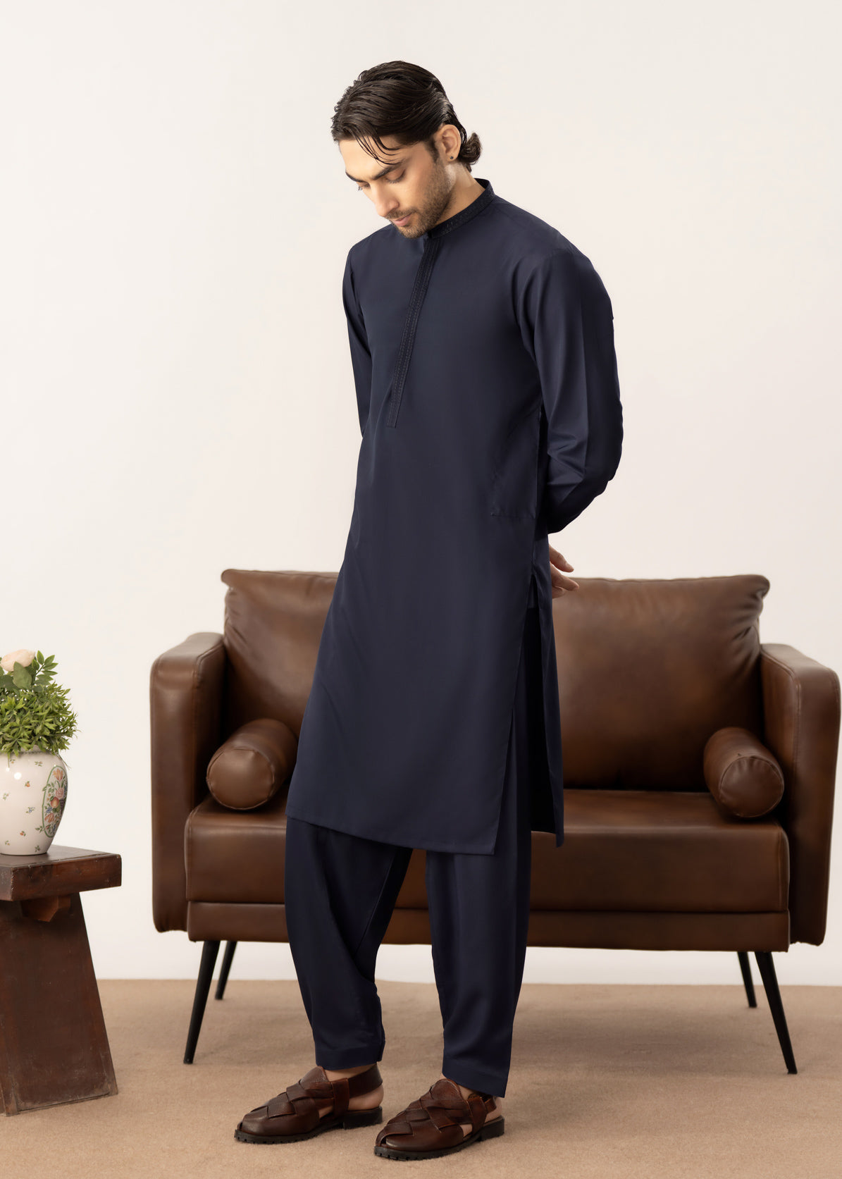 Formal Navy Blue Kurta Shalwar - Collar Neck Embroidered - Men
