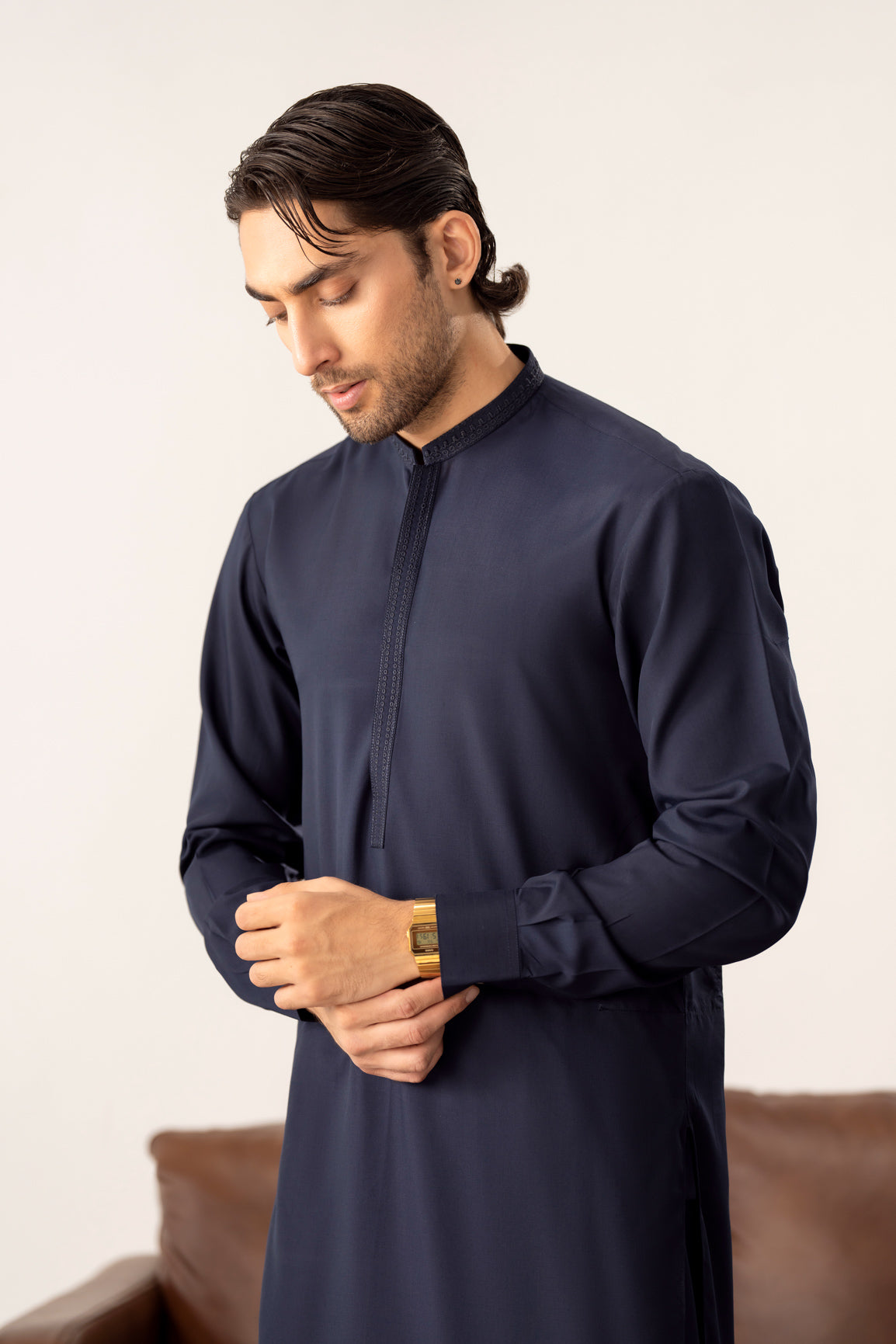 Formal Navy Blue Kurta Shalwar - Collar Neck Embroidered - Men