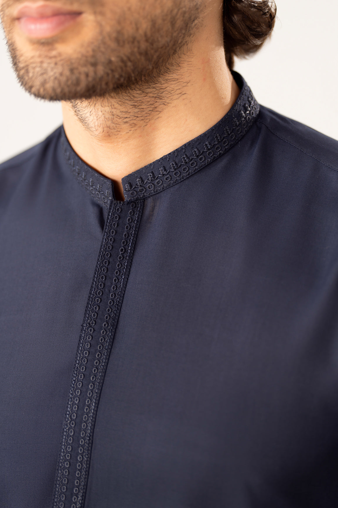 Formal Navy Blue Kurta Shalwar - Collar Neck Embroidered - Men