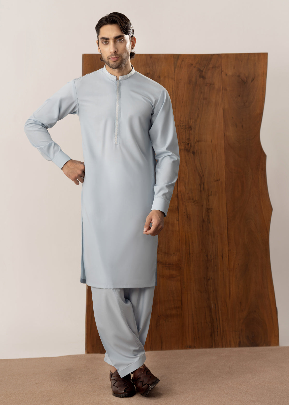 Formal Sky Blue Kurta Shalwar - Collar Neck Embroidered - Men