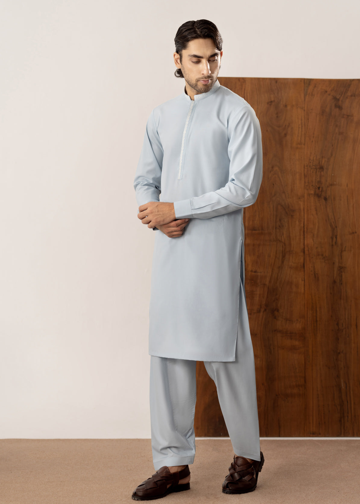 Formal Sky Blue Kurta Shalwar - Collar Neck Embroidered - Men
