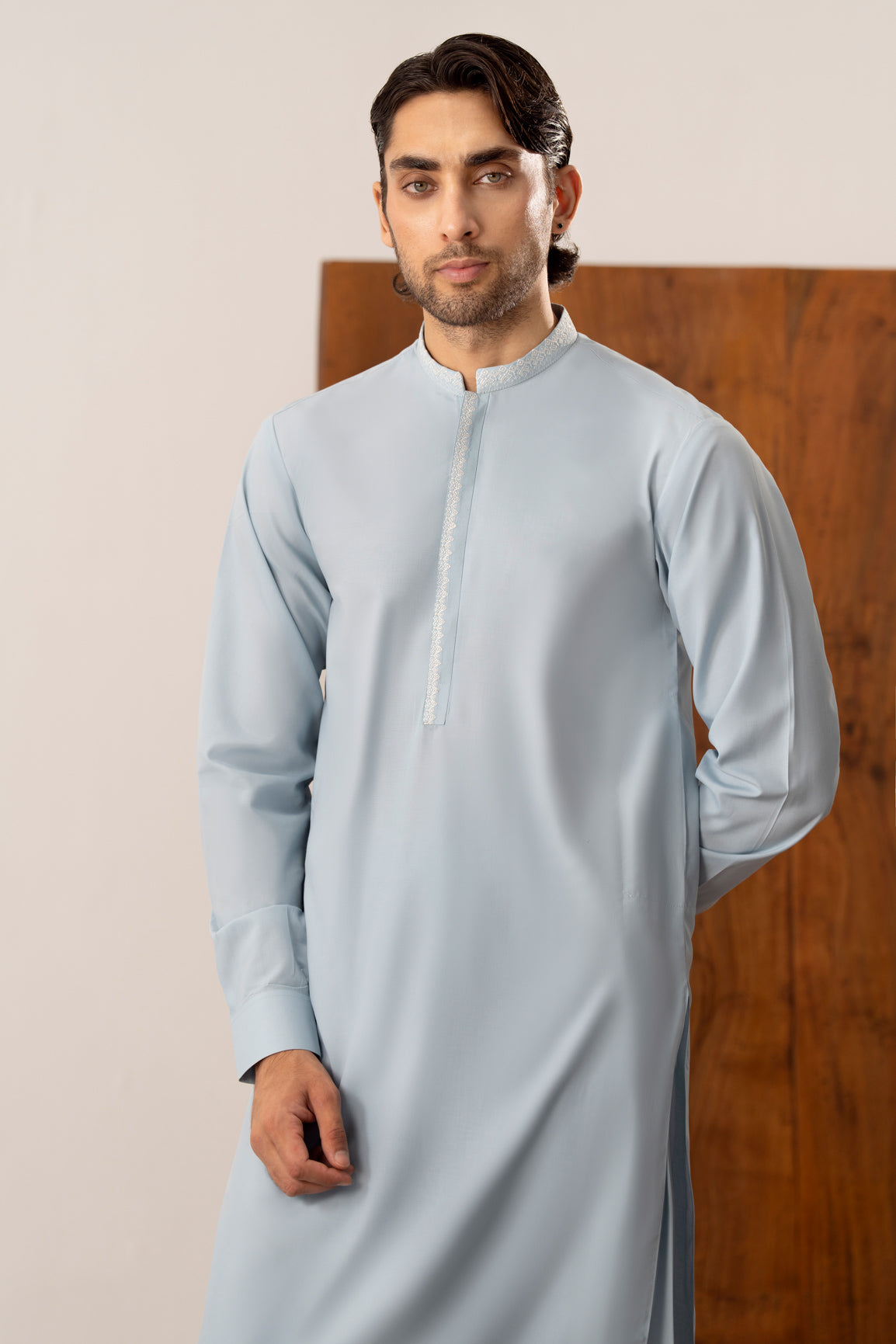 Formal Sky Blue Kurta Shalwar - Collar Neck Embroidered - Men