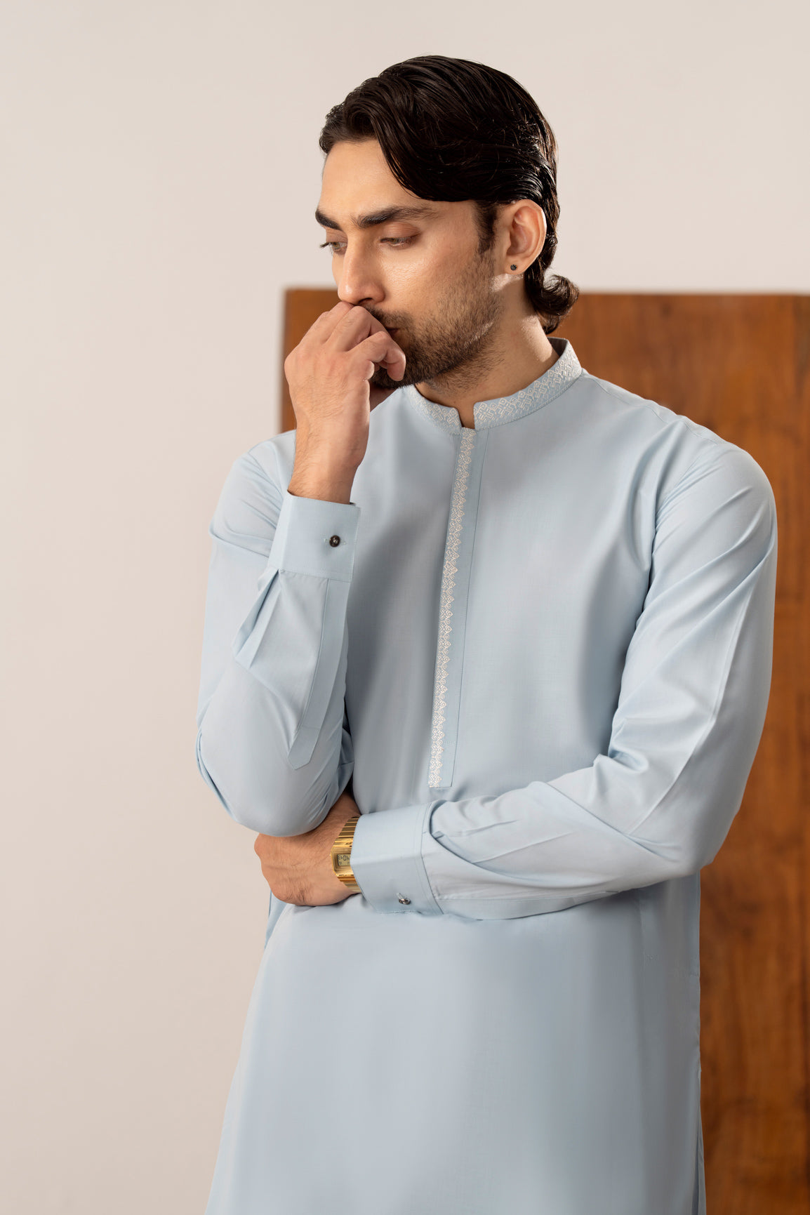 Formal Sky Blue Kurta Shalwar - Collar Neck Embroidered - Men