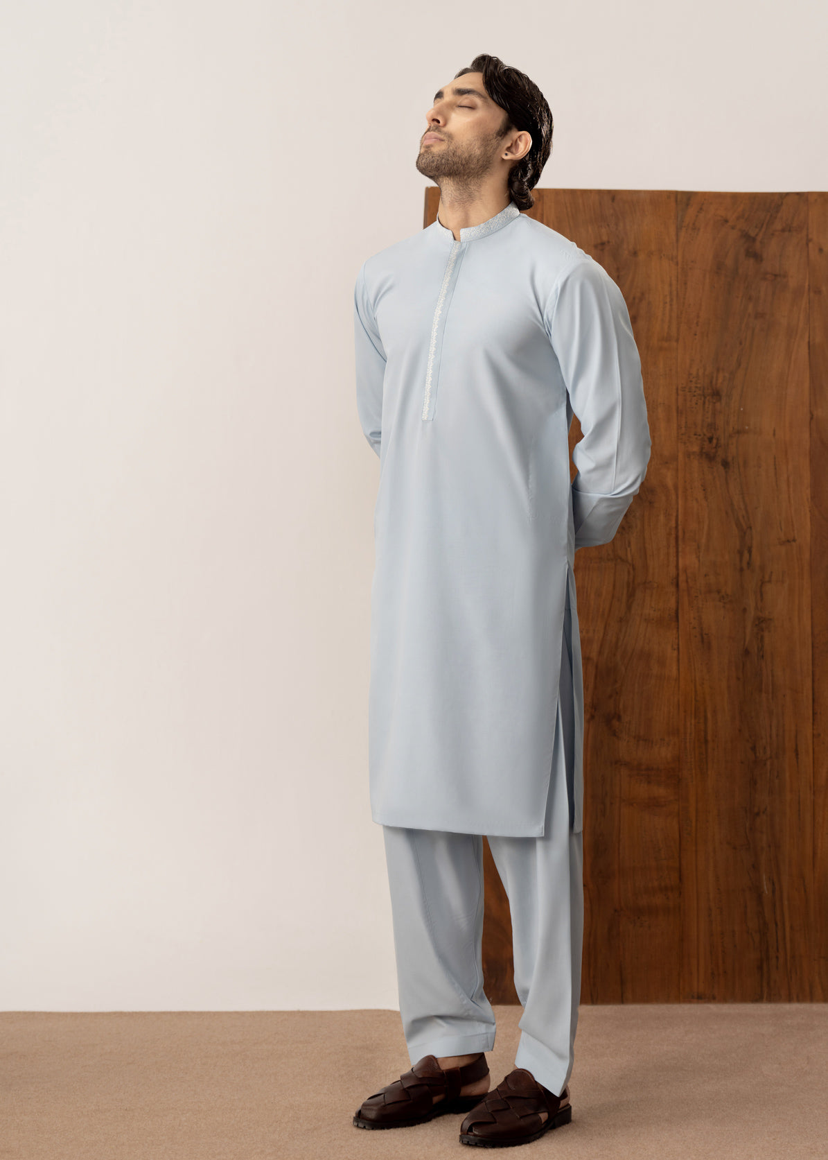 Formal Sky Blue Kurta Shalwar - Collar Neck Embroidered - Men