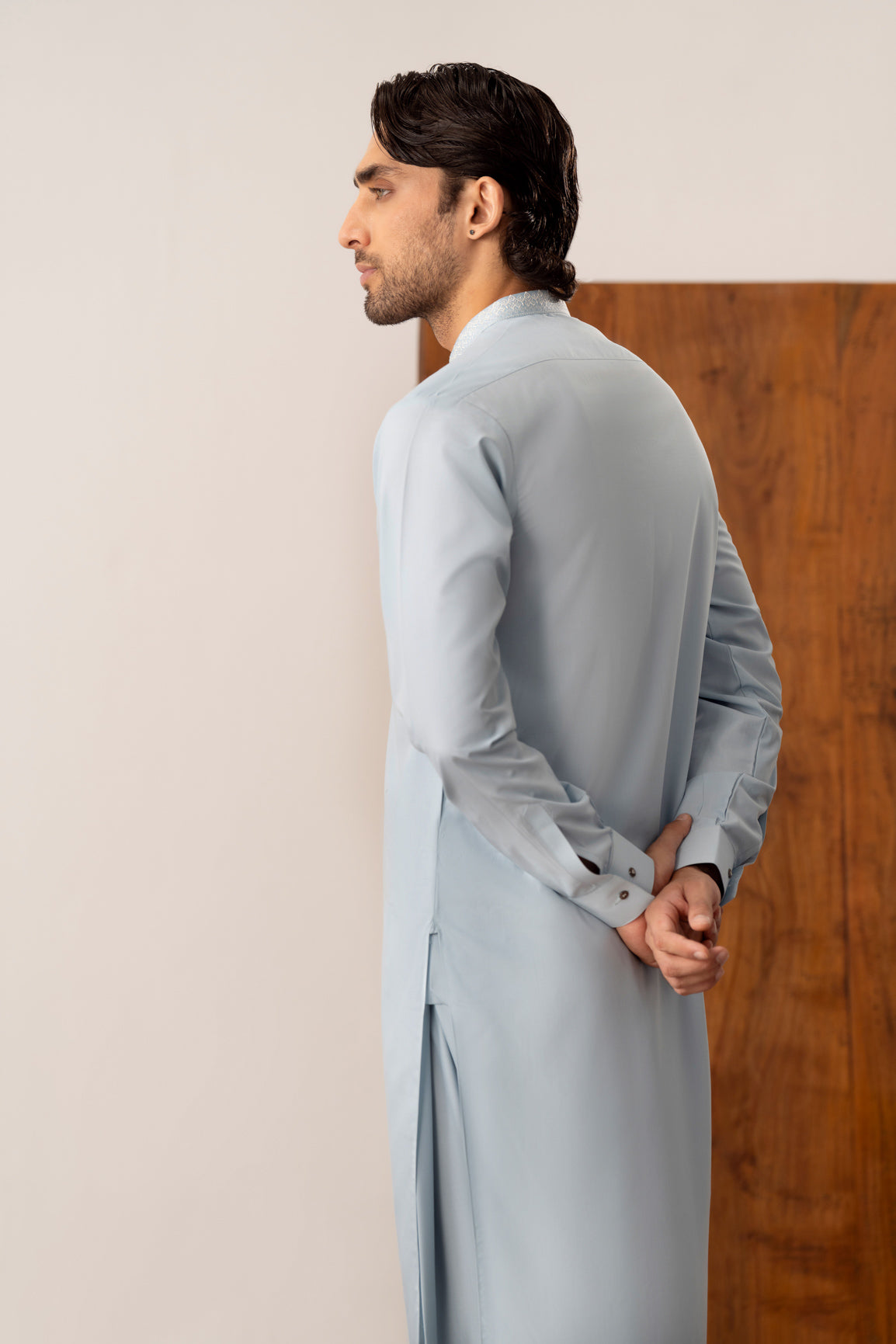 Formal Sky Blue Kurta Shalwar - Collar Neck Embroidered - Men