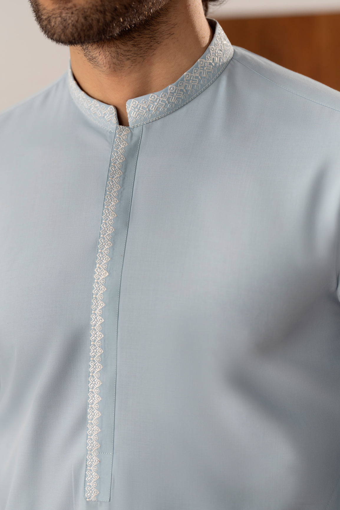 Formal Sky Blue Kurta Shalwar - Collar Neck Embroidered - Men