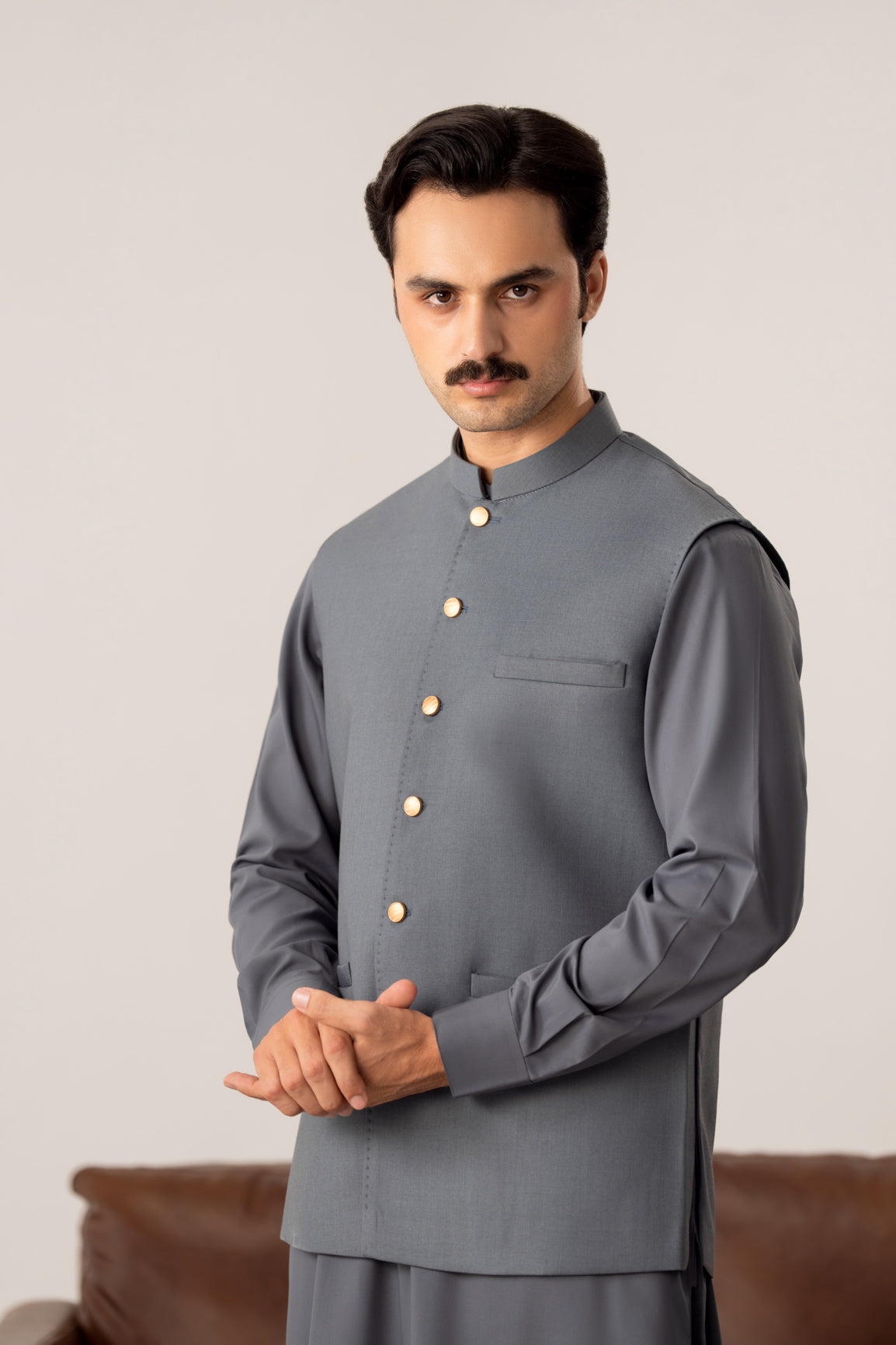 Bluish Grey Kurta Shalwar with Pick-Stitch Matching Waistcoat - Men - Men
