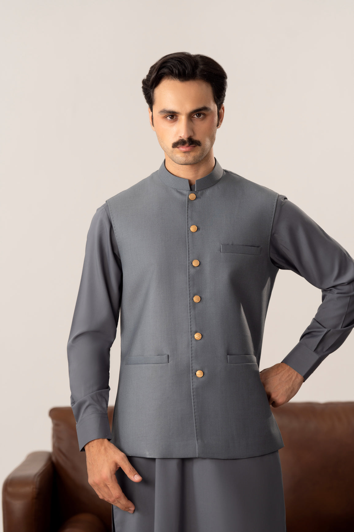 Bluish Grey Kurta Shalwar with Pick-Stitch Matching Waistcoat - Men - Men