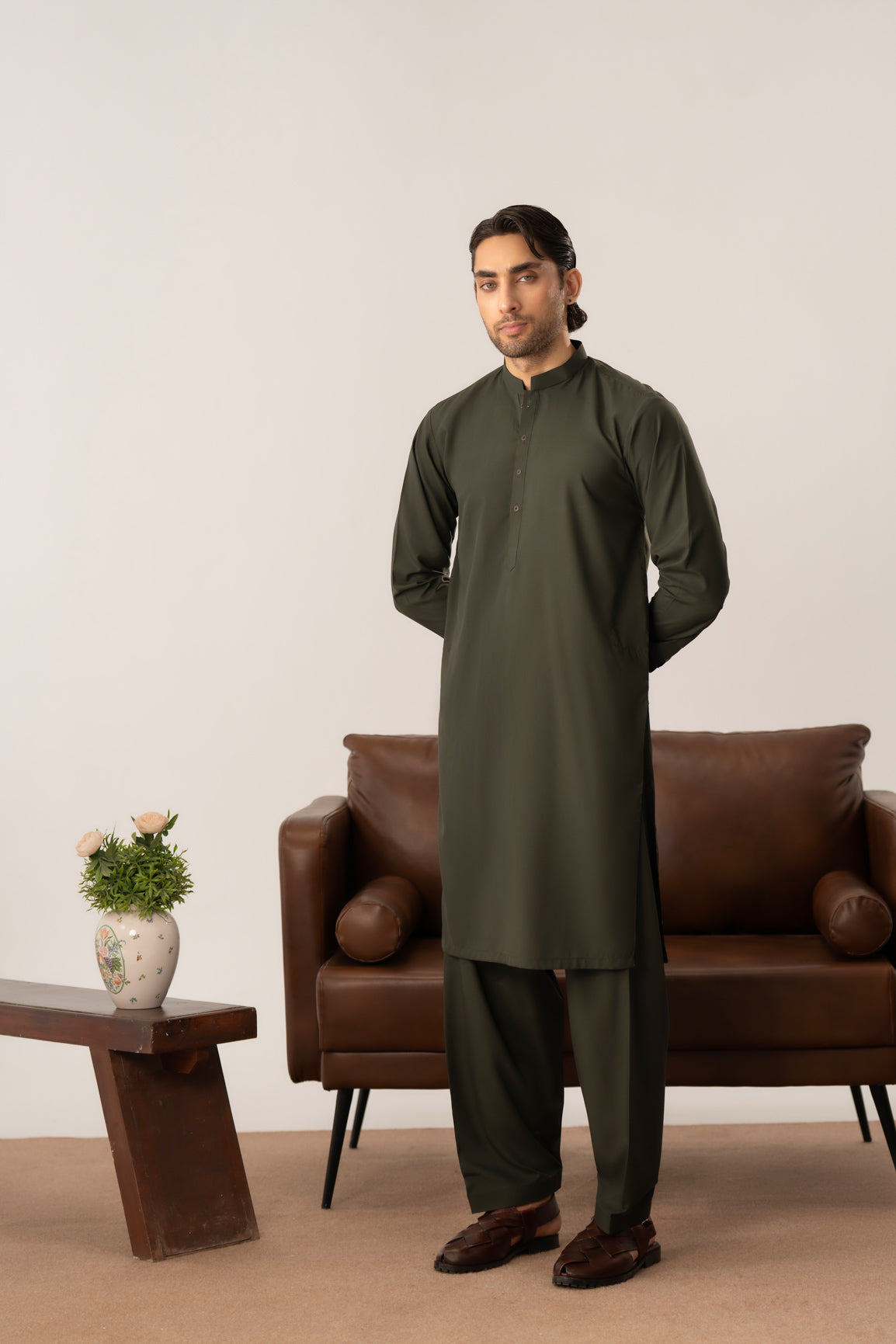 Army Green Kurta Shalwar with Pick-Stitch Matching Waistcoat - Men - Men