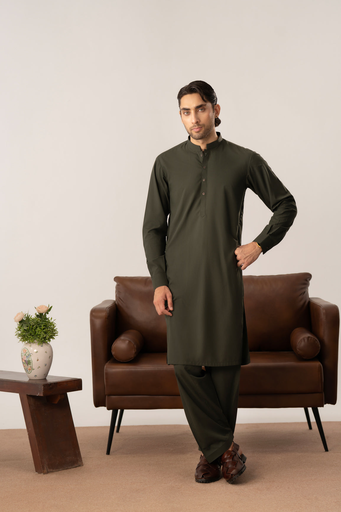 Army Green Kurta Shalwar with Pick-Stitch Matching Waistcoat - Men - Men