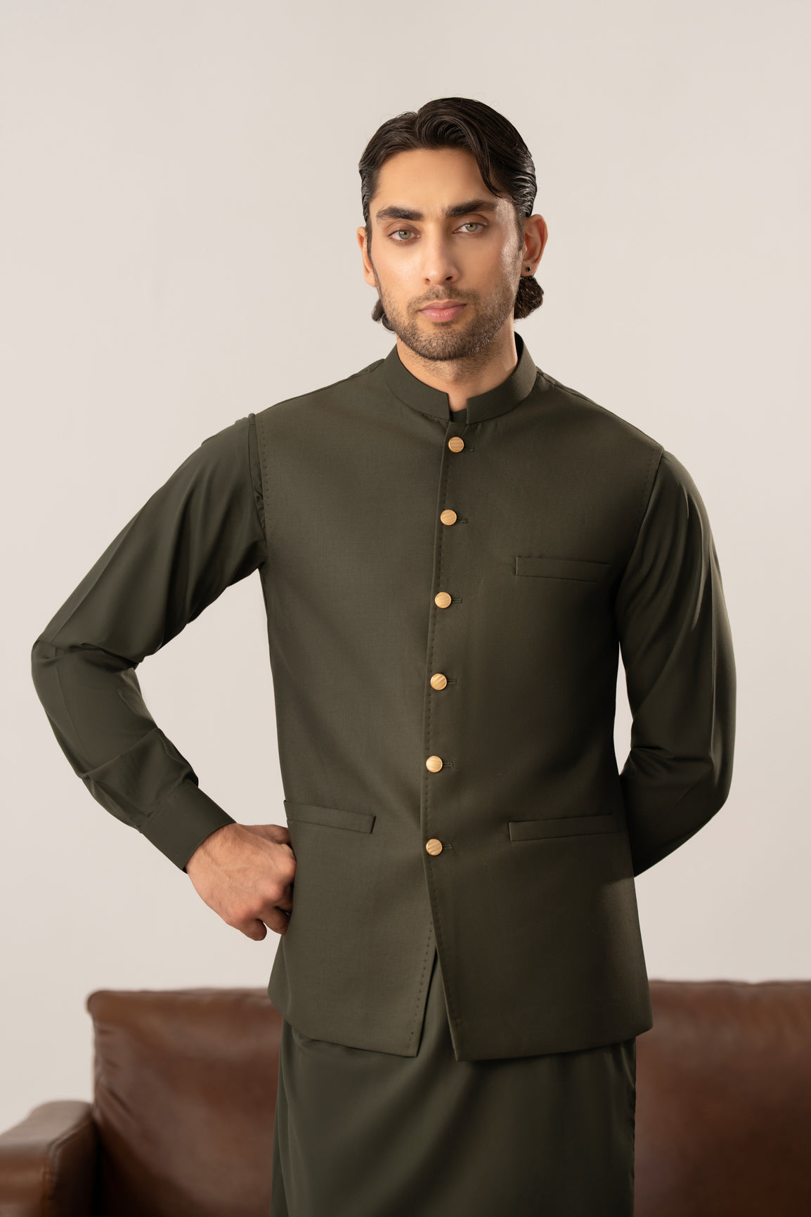 Army Green Kurta Shalwar with Pick-Stitch Matching Waistcoat - Men - Men