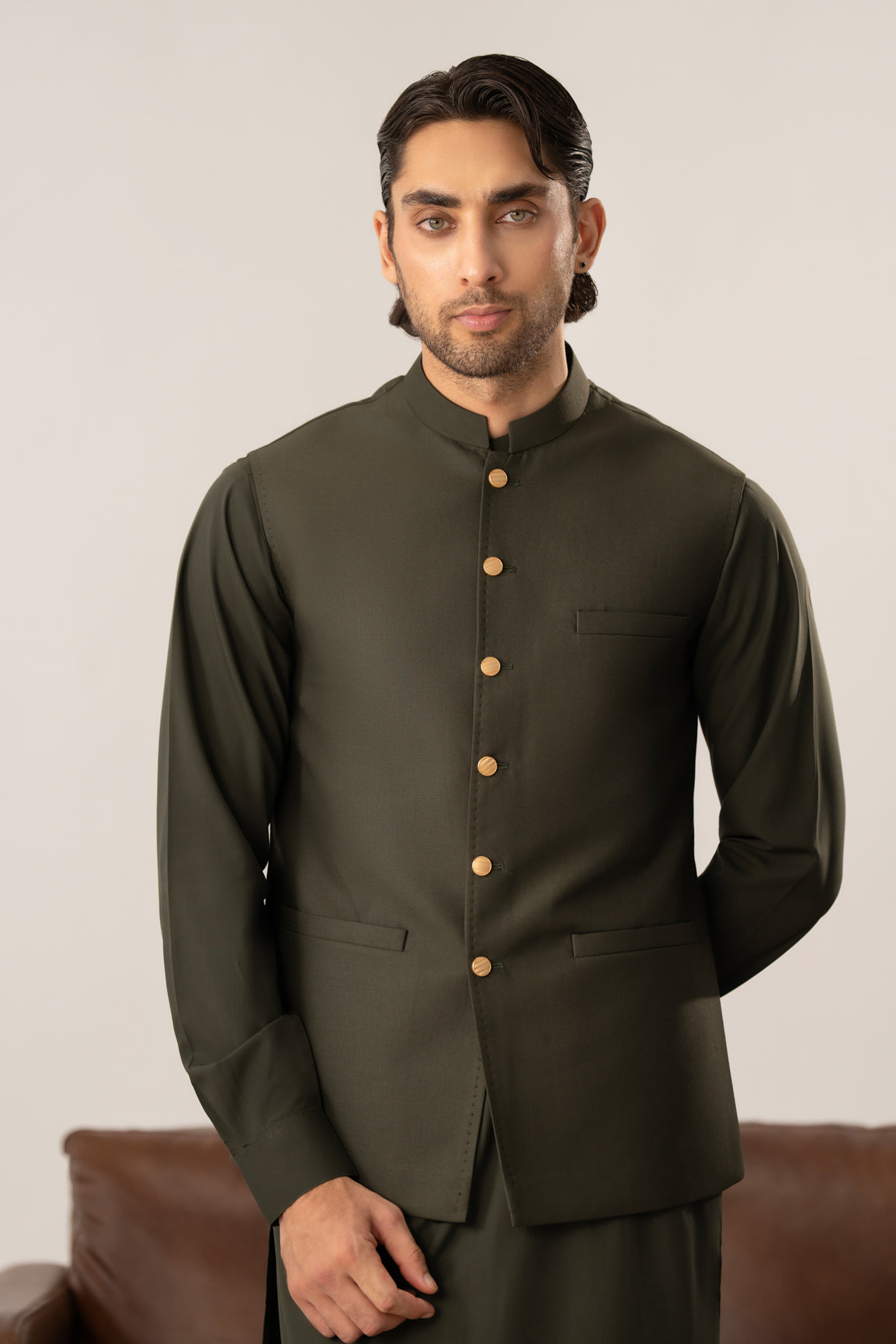 Army Green Kurta Shalwar with Pick-Stitch Matching Waistcoat - Men - Men