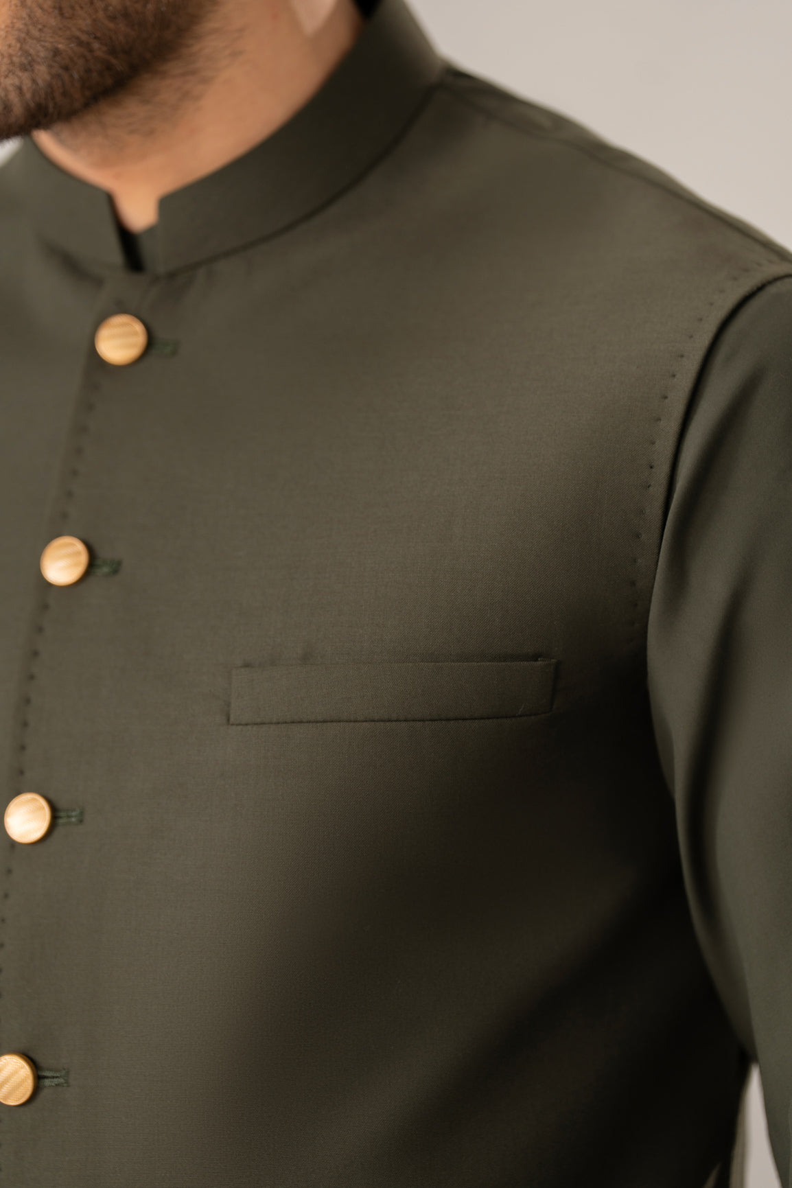 Army Green Kurta Shalwar with Pick-Stitch Matching Waistcoat - Men - Men