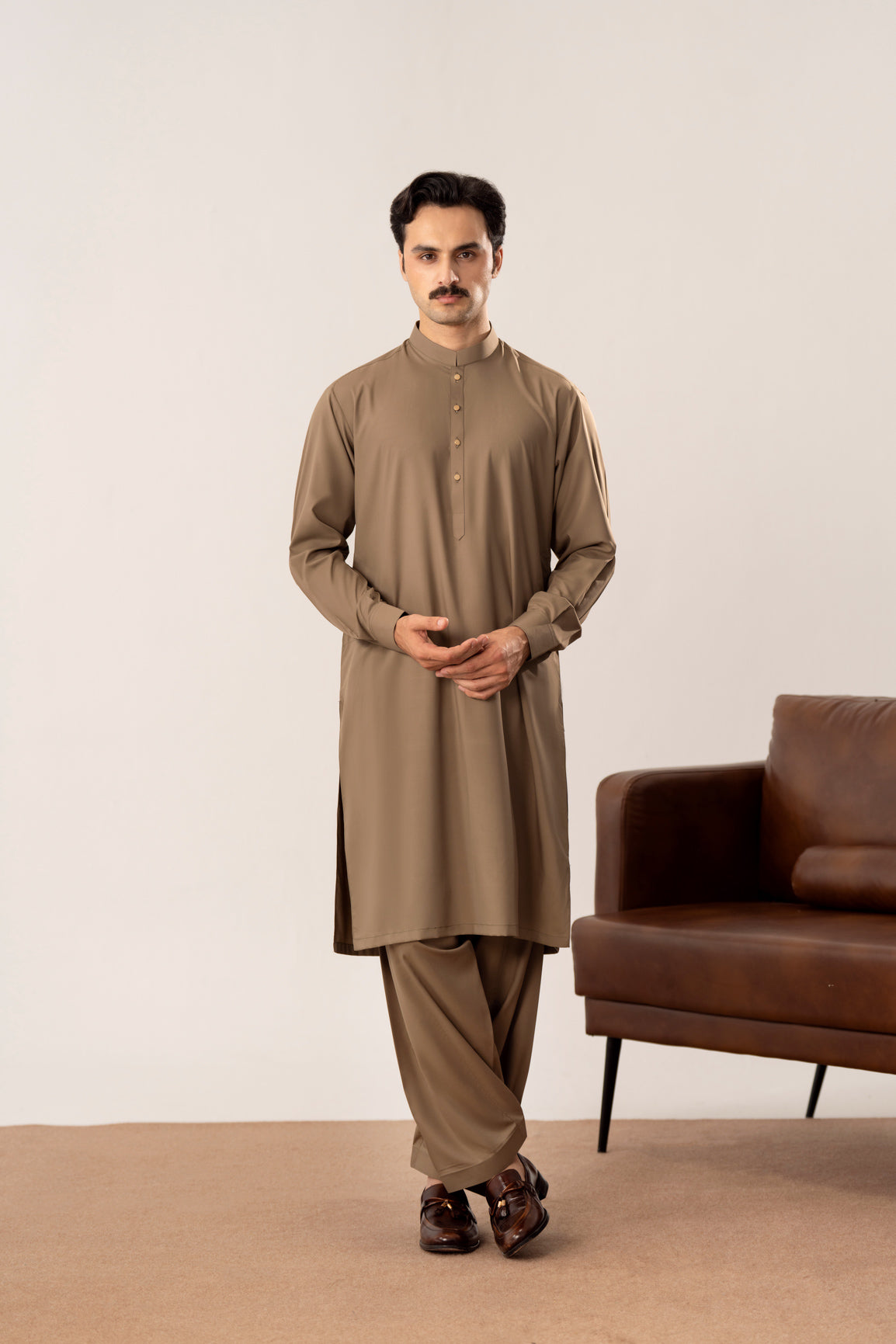 Stone Brown Kurta Shalwar with Pick-Stitch Matching Waistcoat - Men - Men