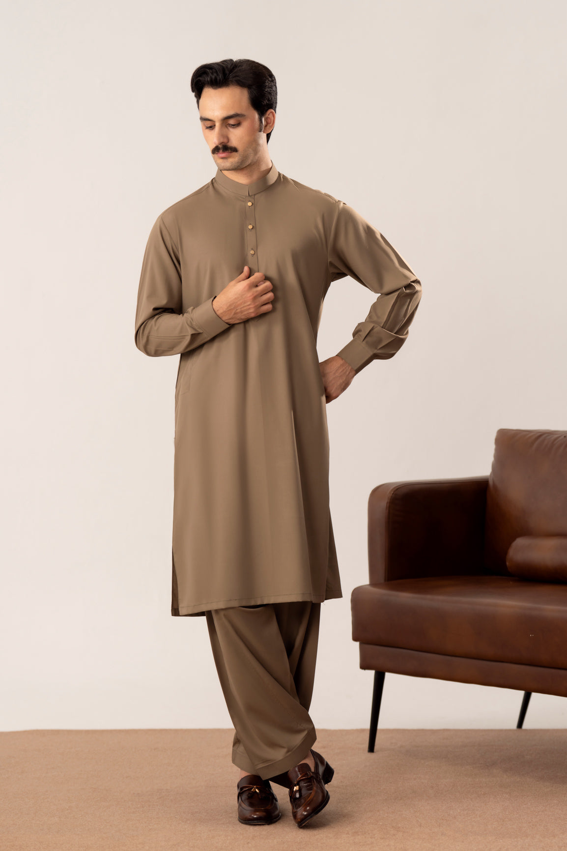 Stone Brown Kurta Shalwar with Pick-Stitch Matching Waistcoat - Men - Men