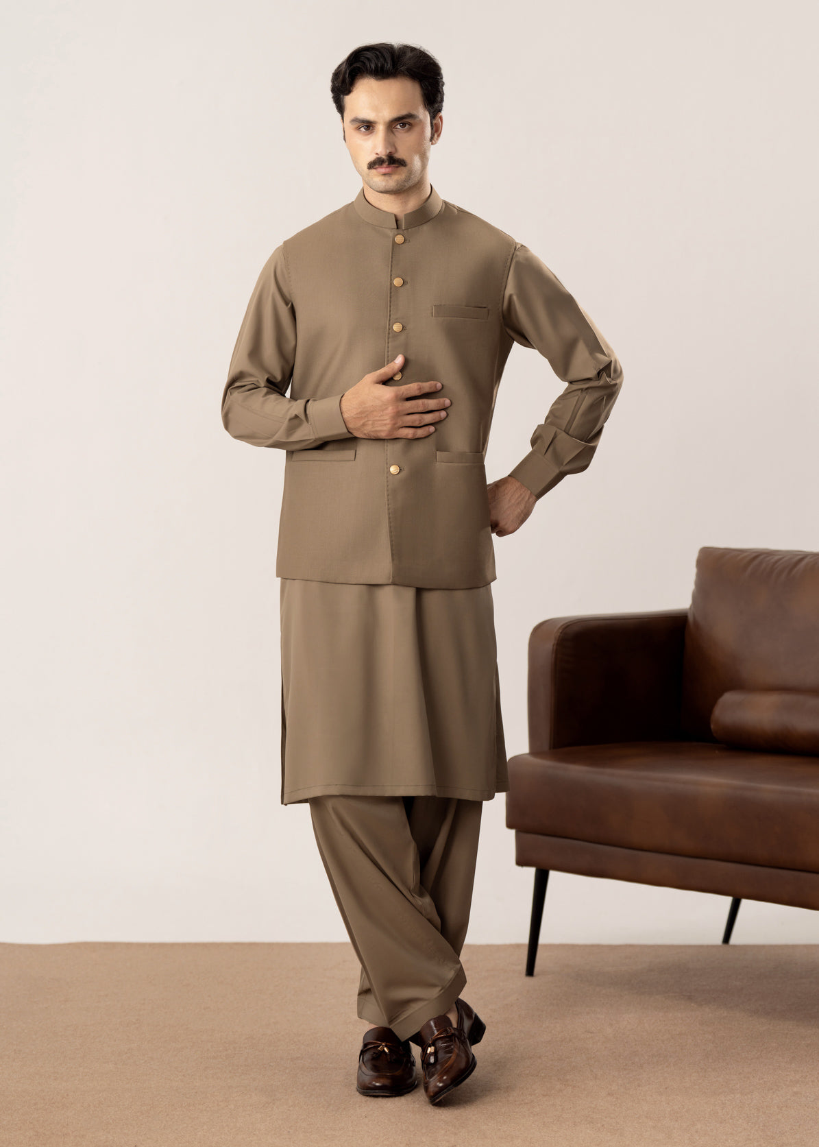 Stone Brown Kurta Shalwar with Pick-Stitch Matching Waistcoat - Men - Men