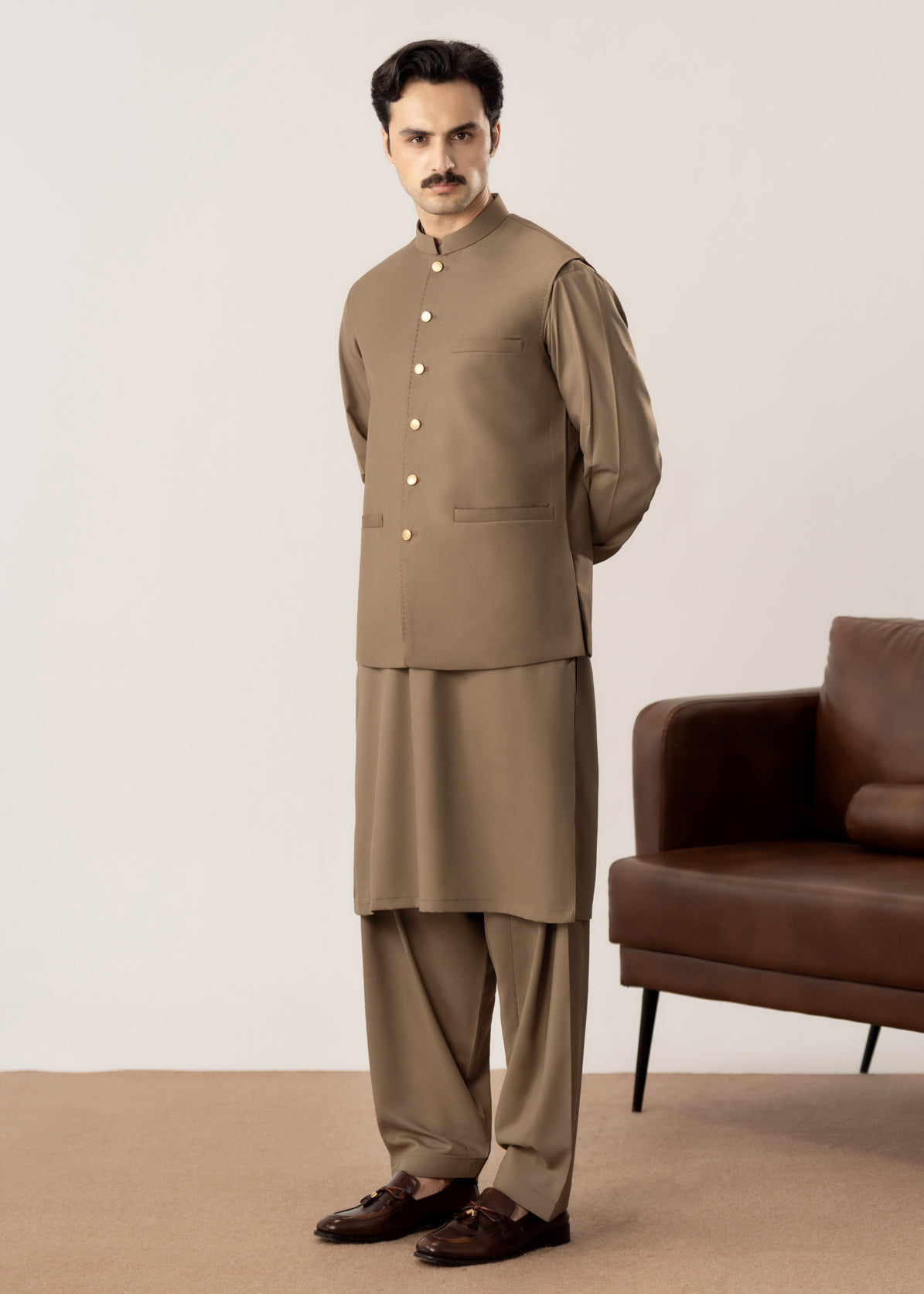 Stone Brown Kurta Shalwar with Pick-Stitch Matching Waistcoat - Men - Men