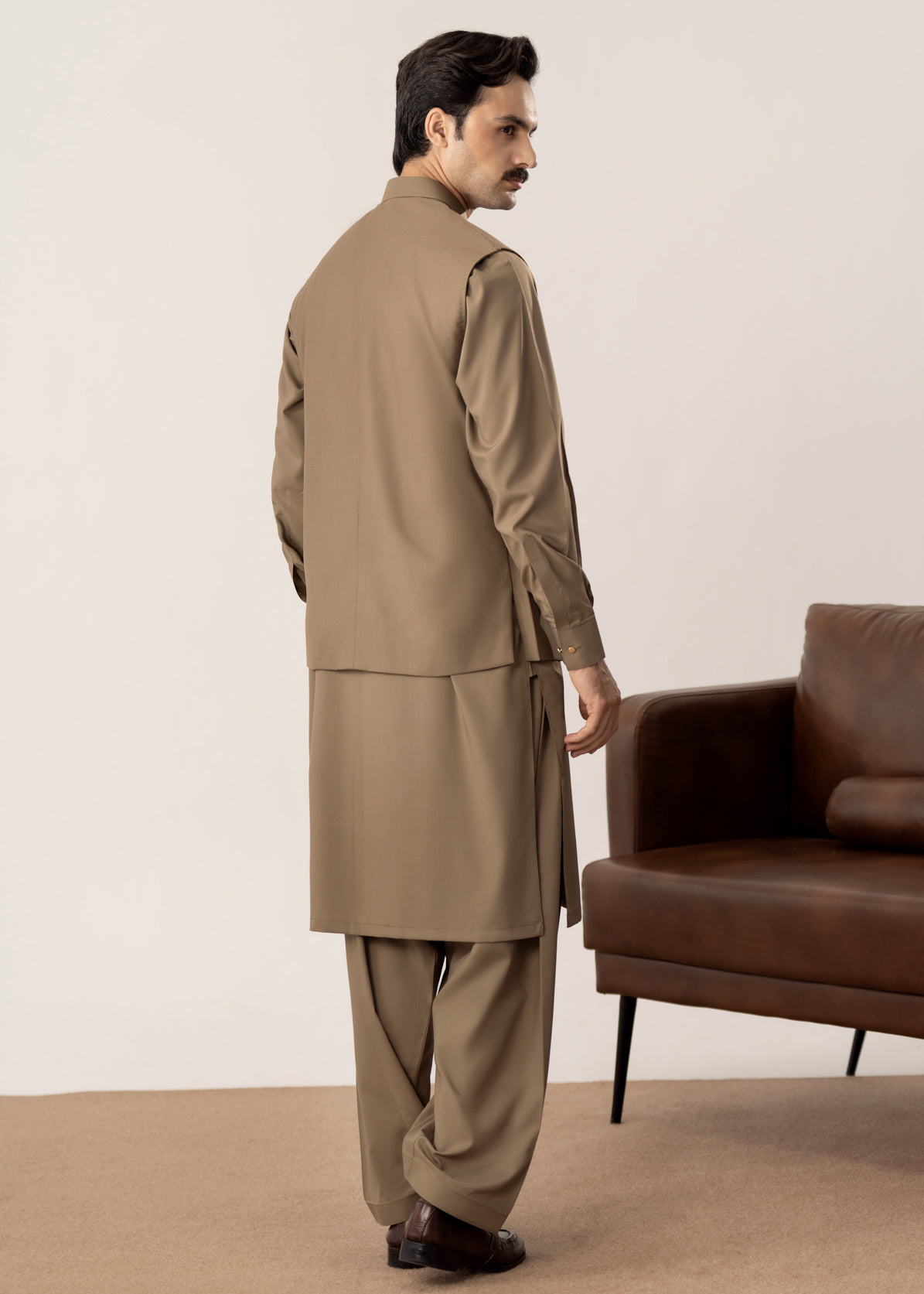 Stone Brown Kurta Shalwar with Pick-Stitch Matching Waistcoat - Men - Men