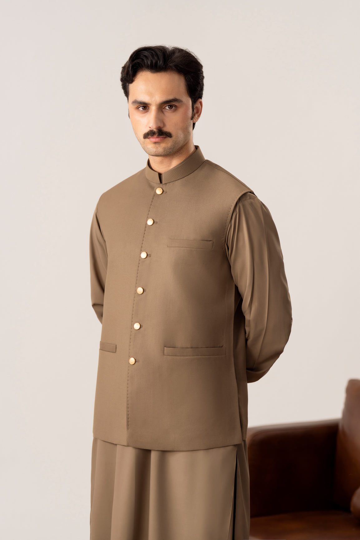 Stone Brown Kurta Shalwar with Pick-Stitch Matching Waistcoat - Men - Men