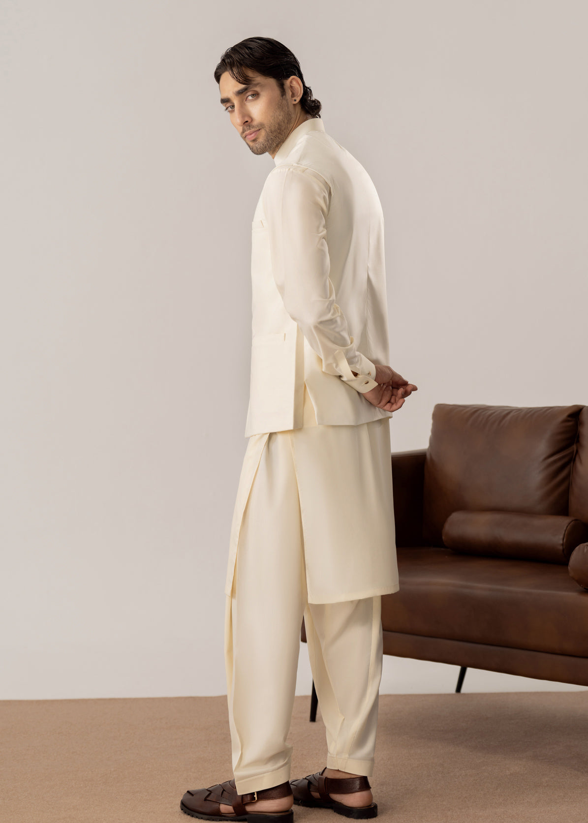 Bosky White Kurta Shalwar with Pick-Stitch Matching Waistcoat - Men - Men