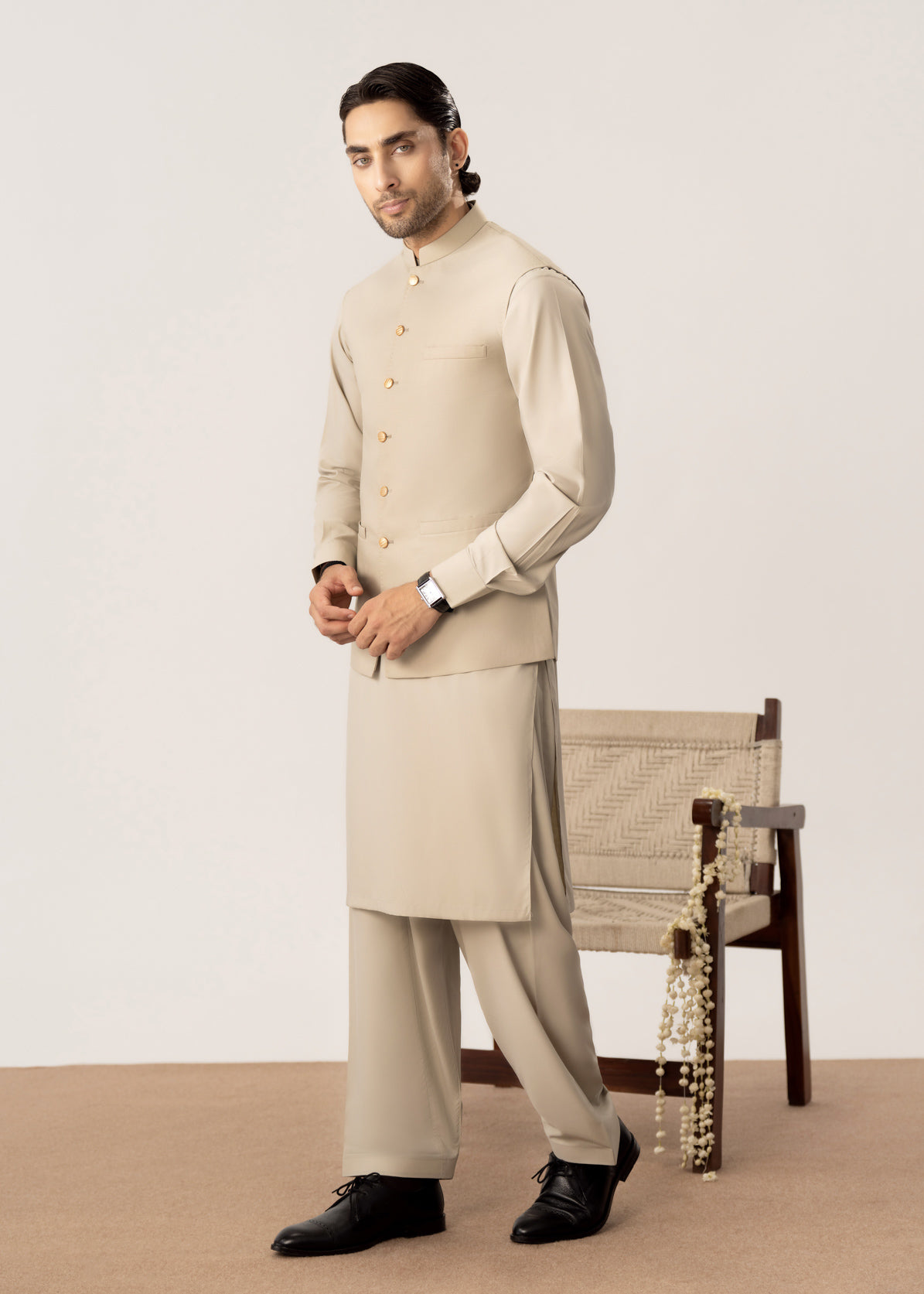 Light Beige Kurta Shalwar with Pick-Stitch Matching Waistcoat - Men - Men