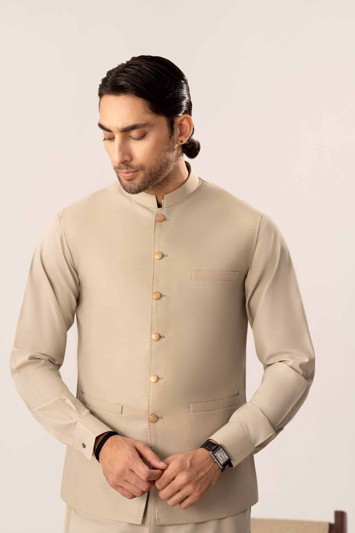 Light Beige Kurta Shalwar with Pick-Stitch Matching Waistcoat - Men - Men