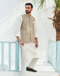Off White Kurta Trouser with Beige Suiting Waistcoat - Round Cut - Men