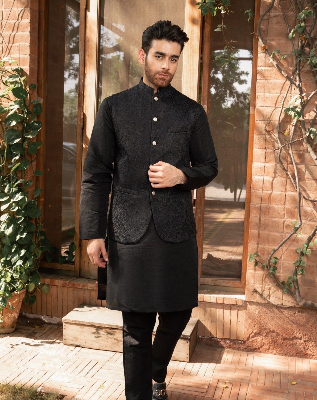 Jamawar waistcoat black hotsell