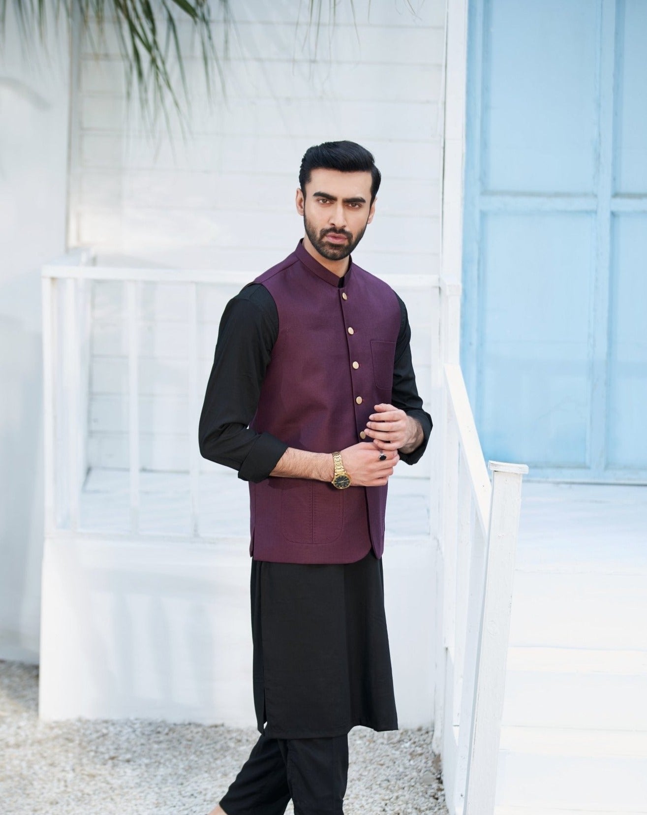 Black shalwar kameez with 2024 waistcoat