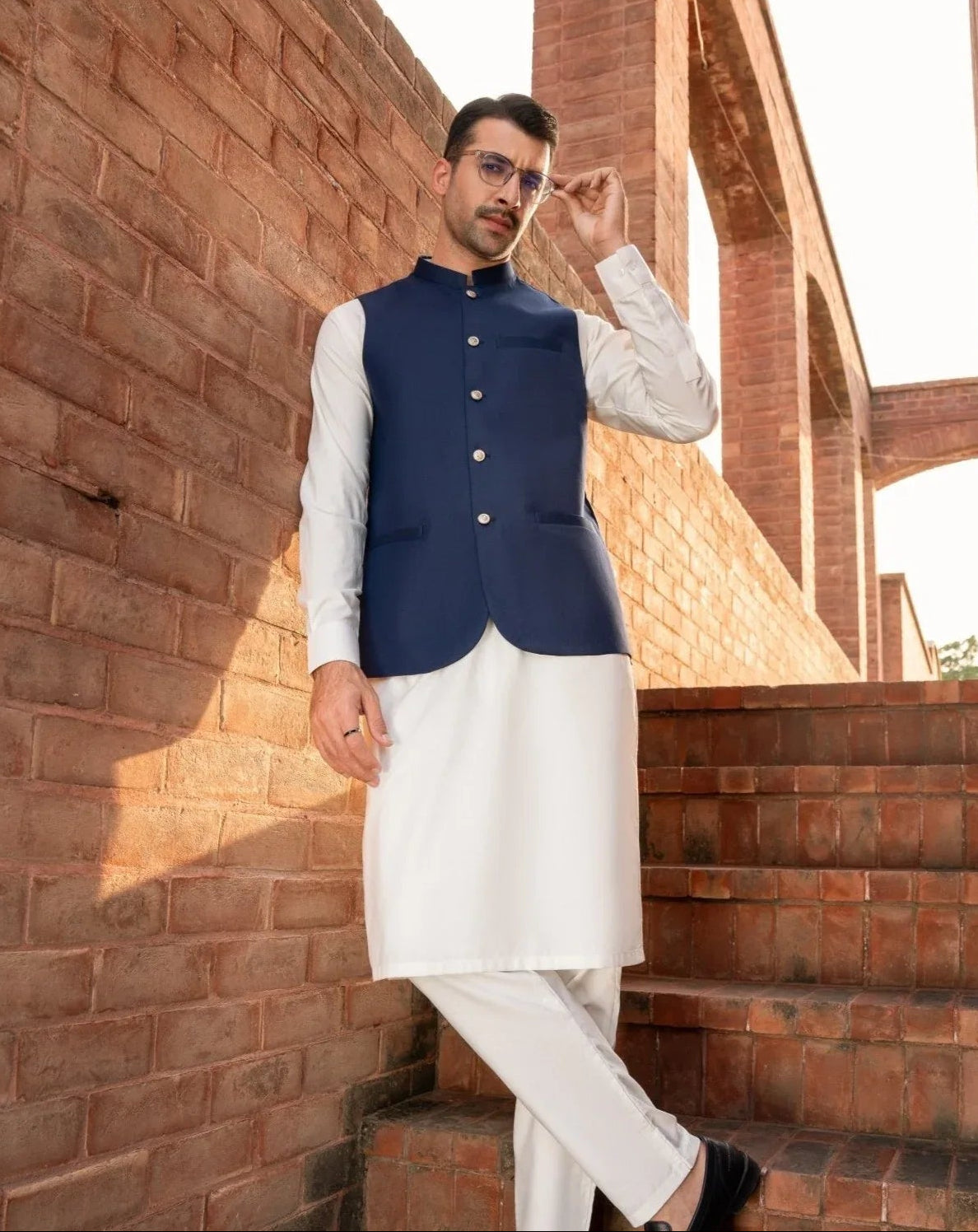 Navy Blue waistcoat and Off White kurta trouser - 3PC - Men